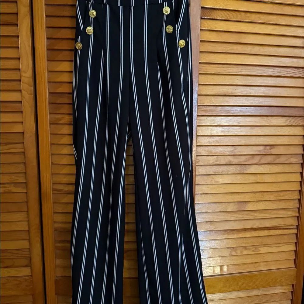 Like an Angel Black and White Striped High Waist Wide Leg Gold Button Pants